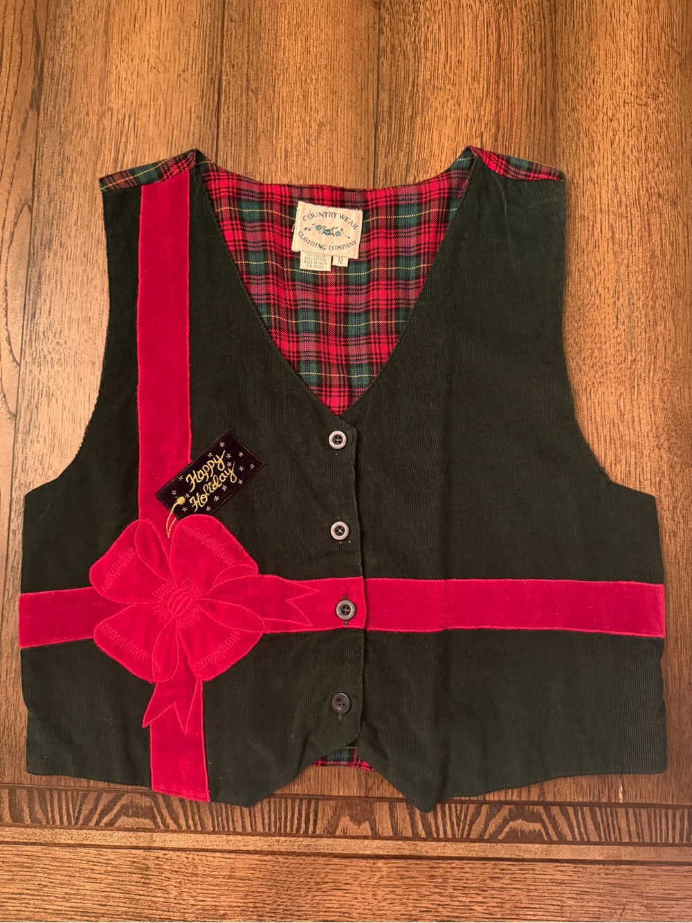 Vintage 90s Christmas Holiday Vest Red Velvet Bow Tartan Plaid Sz 12 Reversible